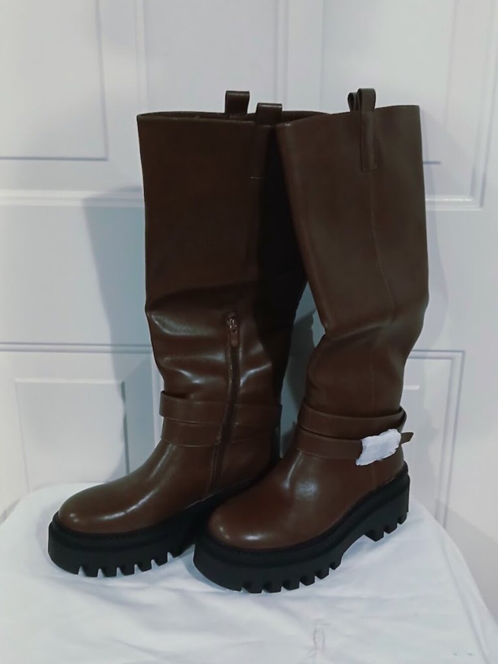 Women’s Tall Brown Platform Knee High Boots Lug Cellenz Buckle Detail